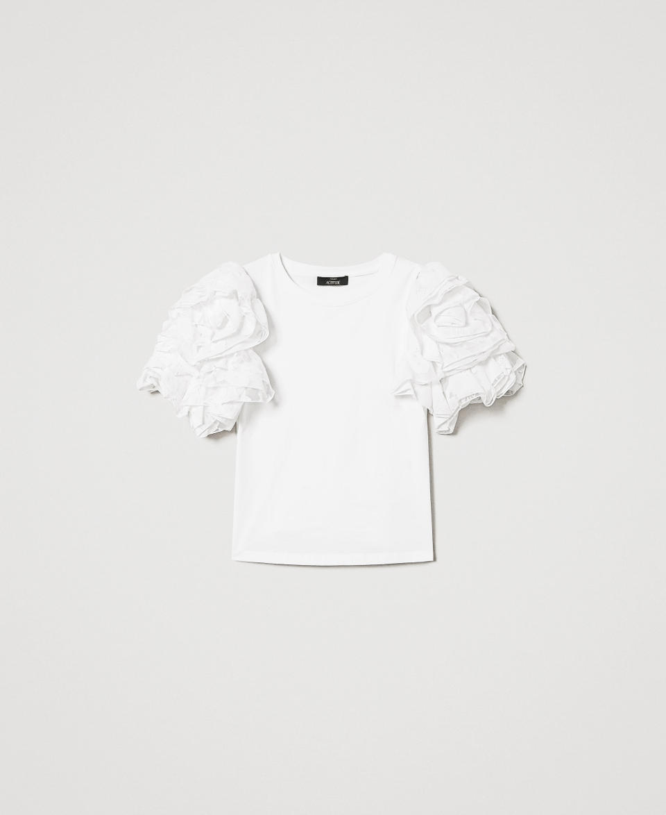 T-shirt with organza sleeves "Papers" White Woman 251AP2413_00840_S0