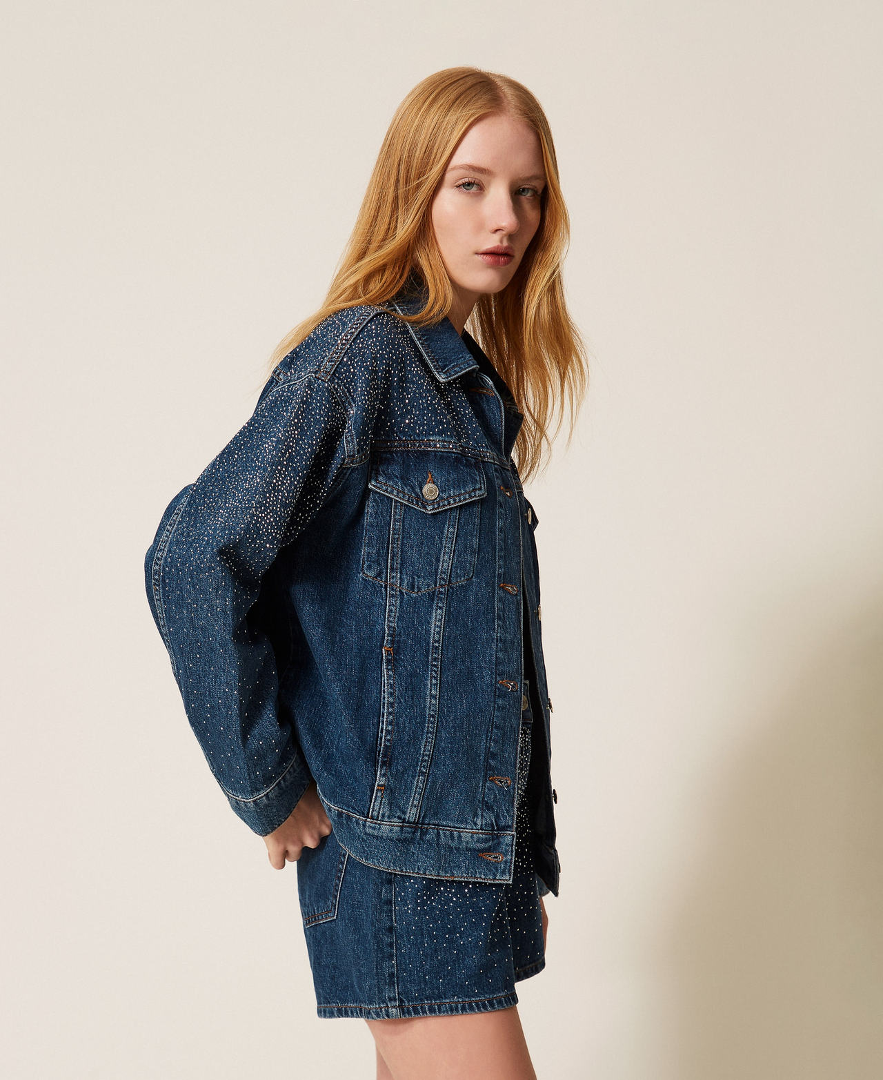 Denim jacket with rhinestones Denim Blue Woman 261AP2340_01104_02