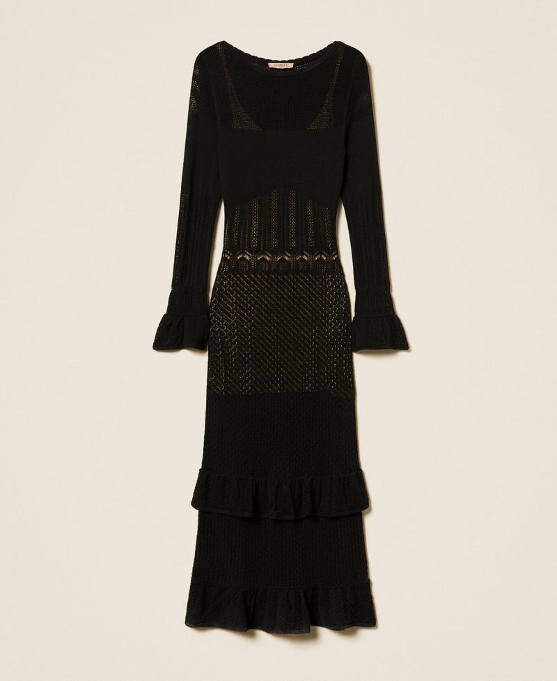 Maxi-Strickkleid aus Wollmischung mit Volant Schwarz Frau 262TP3070_00006_S0