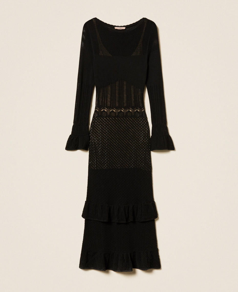 Maxi-Strickkleid aus Wollmischung mit Volant Schwarz Frau 262TP3070_00006_S0