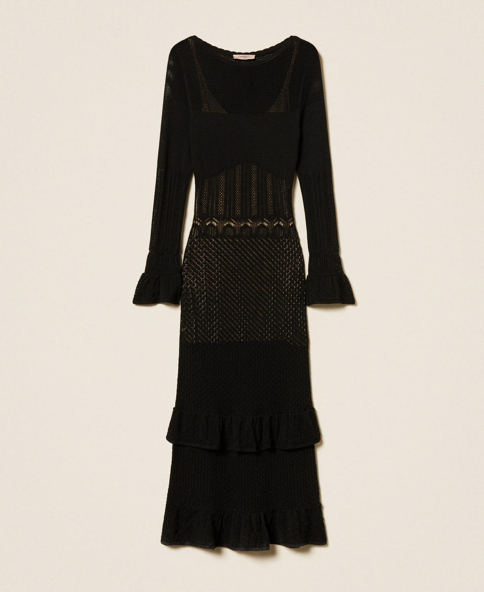 Long wool blend knit dress with ruffles
