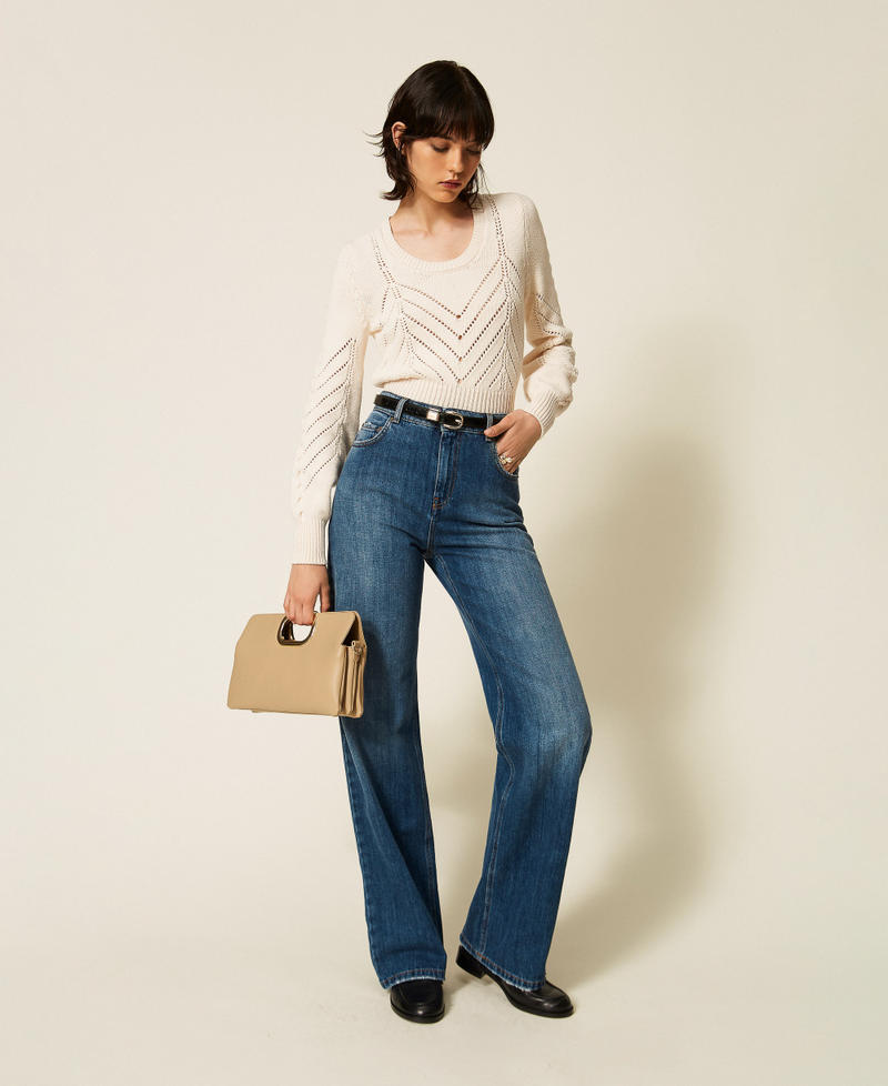 Cropped wool blend jumper with chevron design "Parchment" Beige Woman 262TP3192_07222_T0