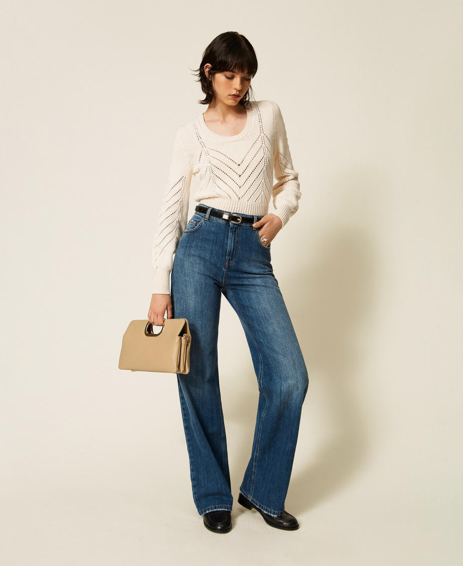 Cropped wool blend jumper with chevron design "Parchment" Beige Woman 262TP3192_07222_T0