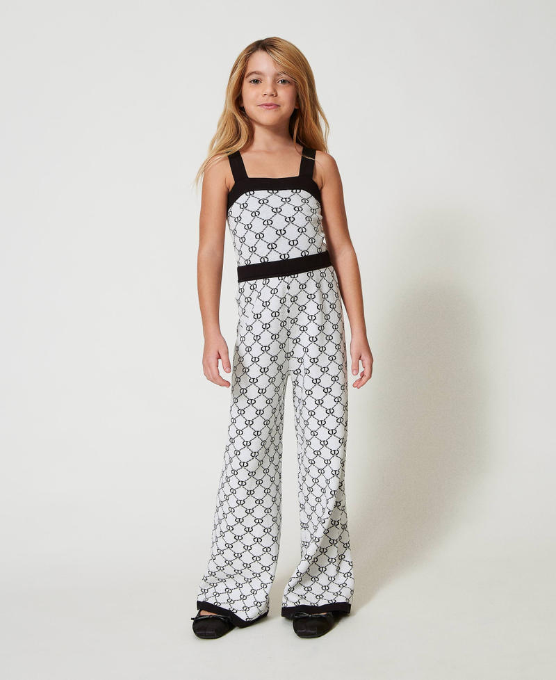 Long knit jumpsuit with jacquard Oval T Bicolour "Ice" White / Black Girl 251GJ3QX3_02849_01