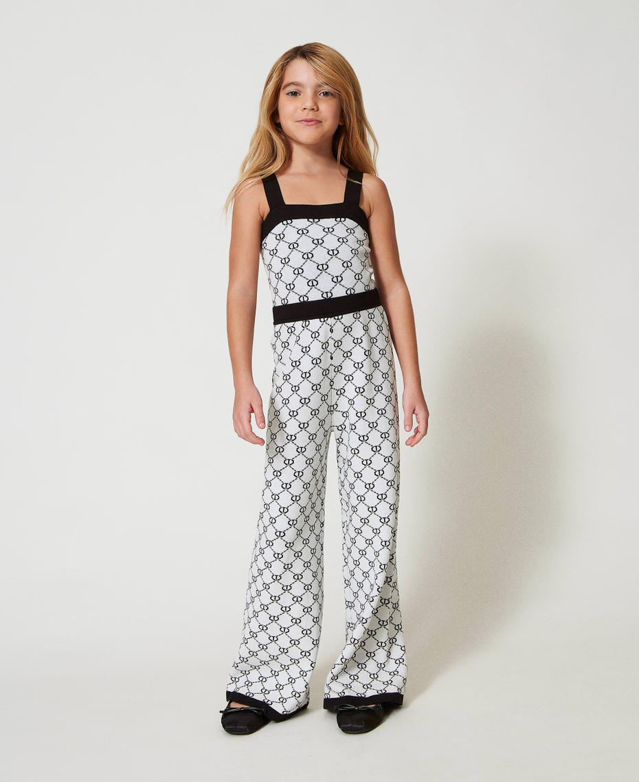 Long knit jumpsuit with jacquard Oval T Bicolour "Ice" White / Black Girl 251GJ3QX3_02849_01