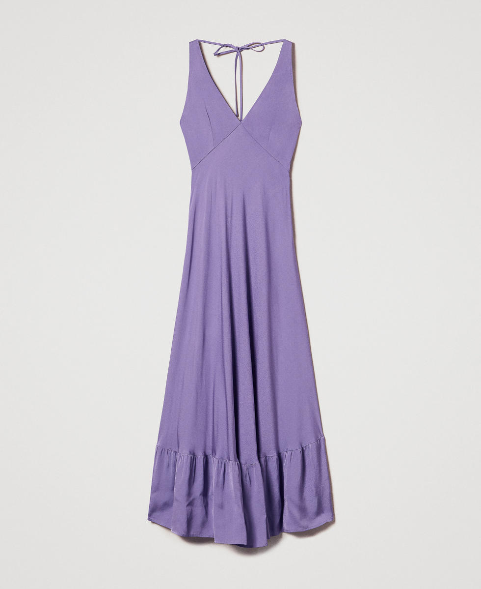 Long satin crepe dress with flounce Cold Lavender Woman 251TT2191_11948_S0