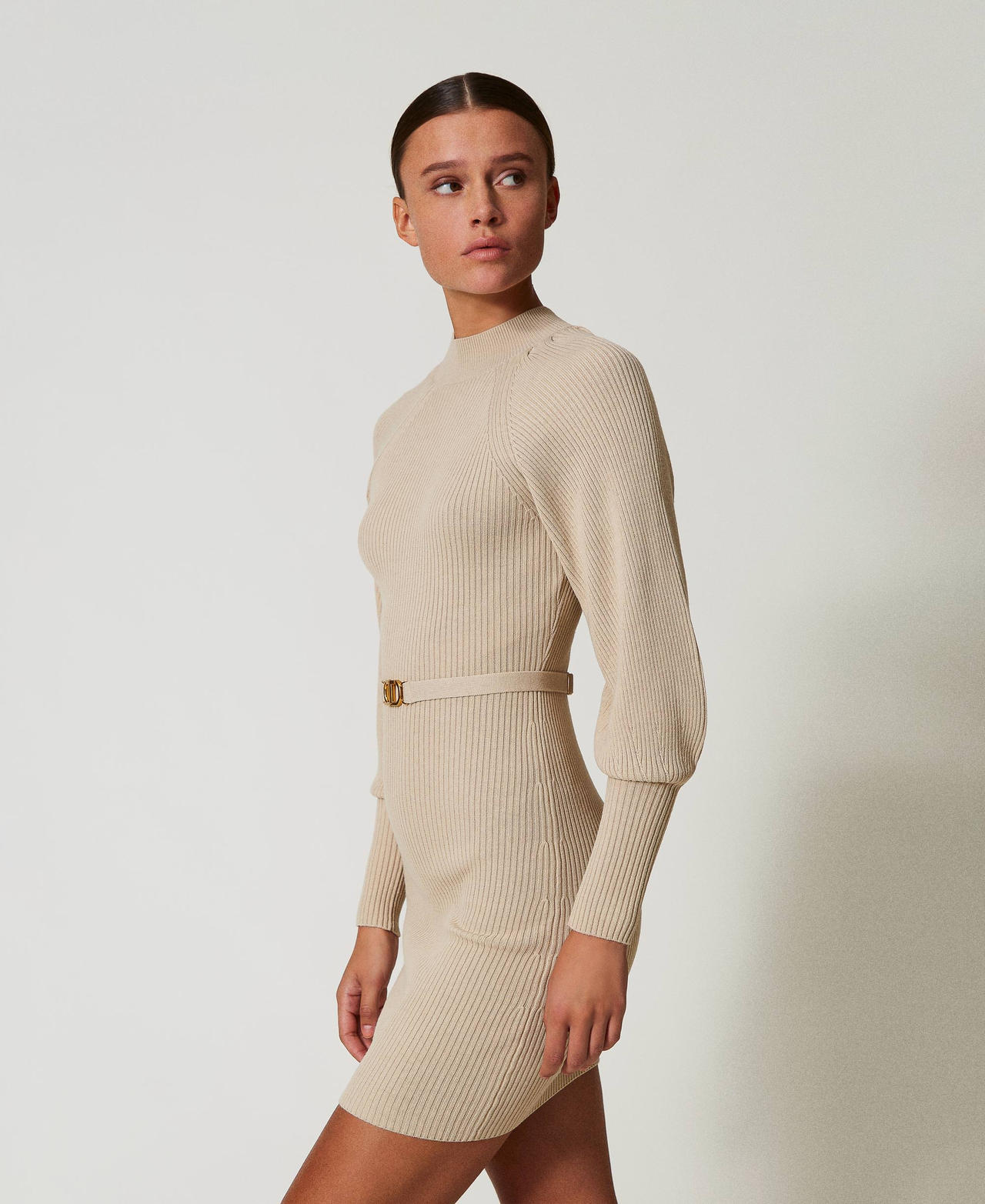 Short ribbed knit dress with belt White Cream Woman 242TT3063_11952_02