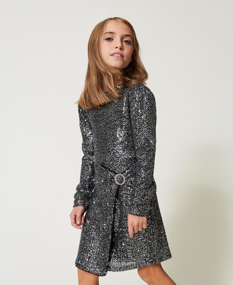 Short full sequin dress Metallic Gunmetal Girl 242GJ2352_11826_02