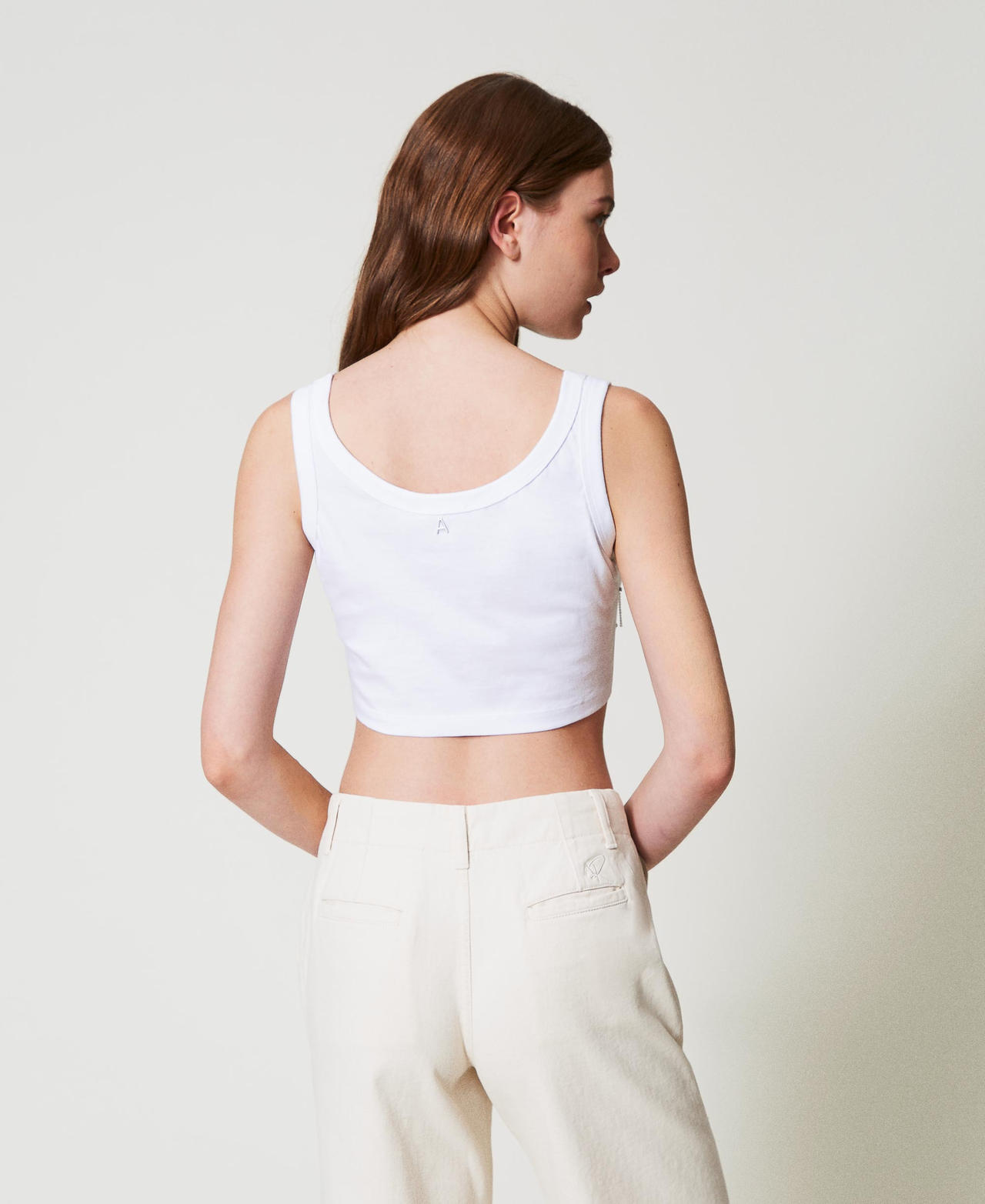 Cropped top with embroidery "Papers" White Woman 251AP2222_00840_02