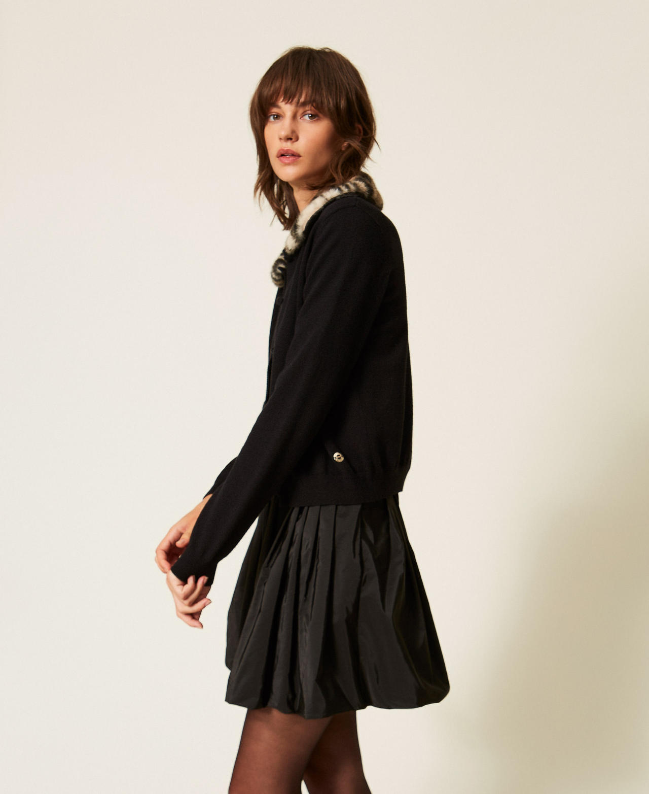 Jacket with faux fur and knit collar Black Woman 262AP3130_00006_02