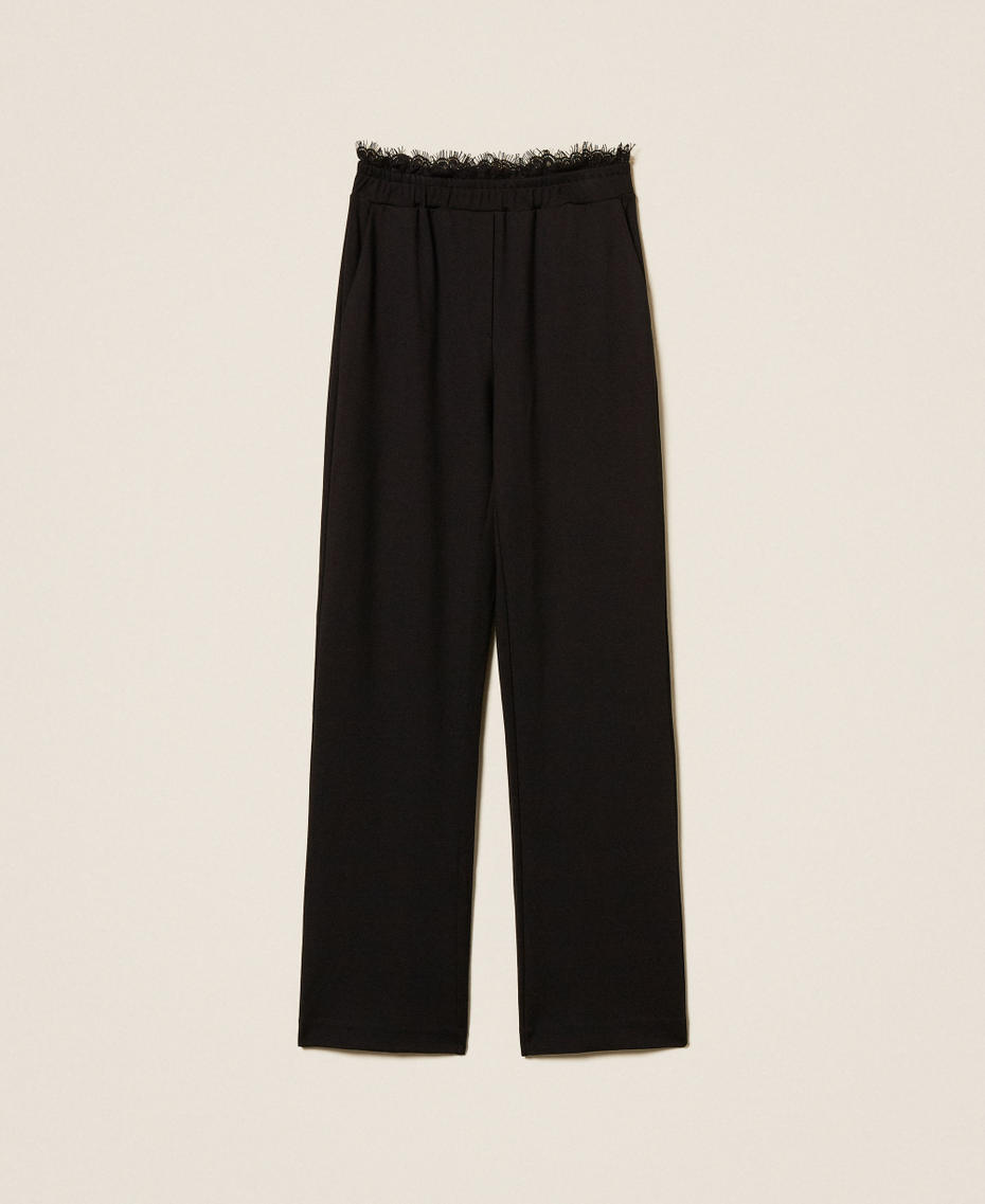 Fleece and lace straight trousers Black Woman 252LL2JDD_00006_S0