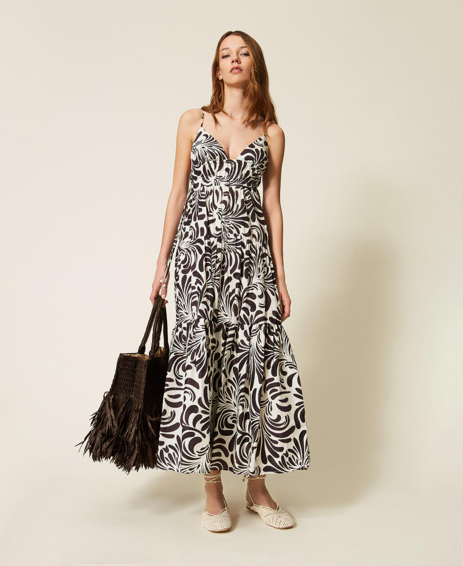 Long printed poplin dress Coffee Choc/Off White Botanical Print Woman 261LM2QEE_13467_01