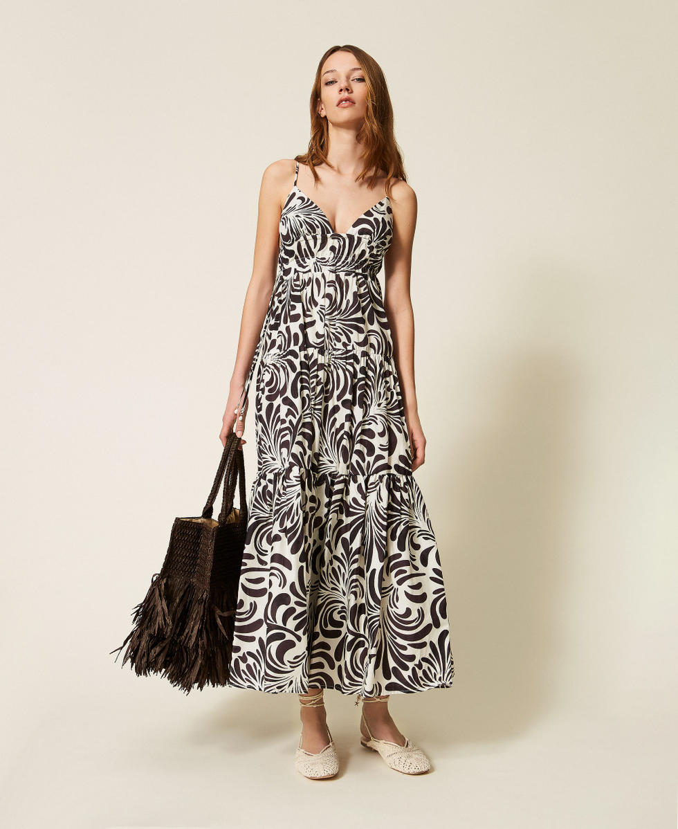 Abito lungo in popeline stampato Stampa Botanical Coffee Choc / Off White Donna 261LM2QEE_13467_01
