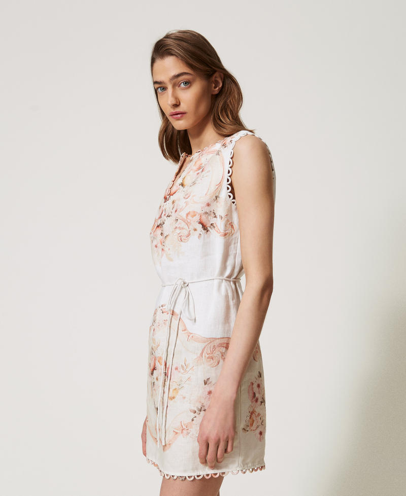 Short dress in printed linen Flowers Tapestry Dusty Coral Shade Print Woman 251TT2441_12527_02