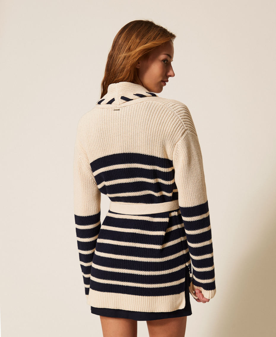 Striped knit cardigan Ivory/Light Blue Night Stripes Woman 261TP3282_13386_04