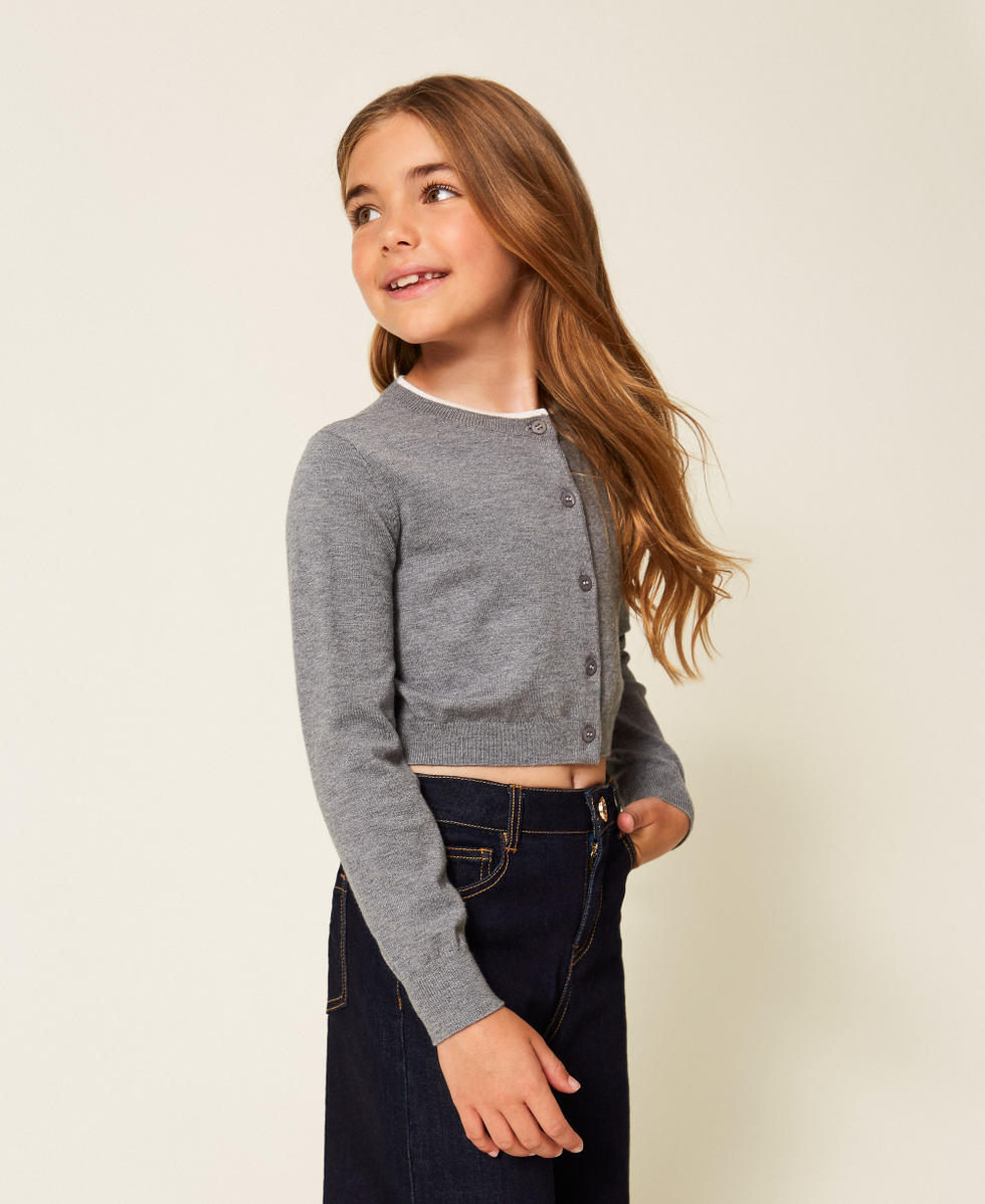 Korean cardigan with Oval T Mid Melange Grey Girl 252GJ3010_11727_02