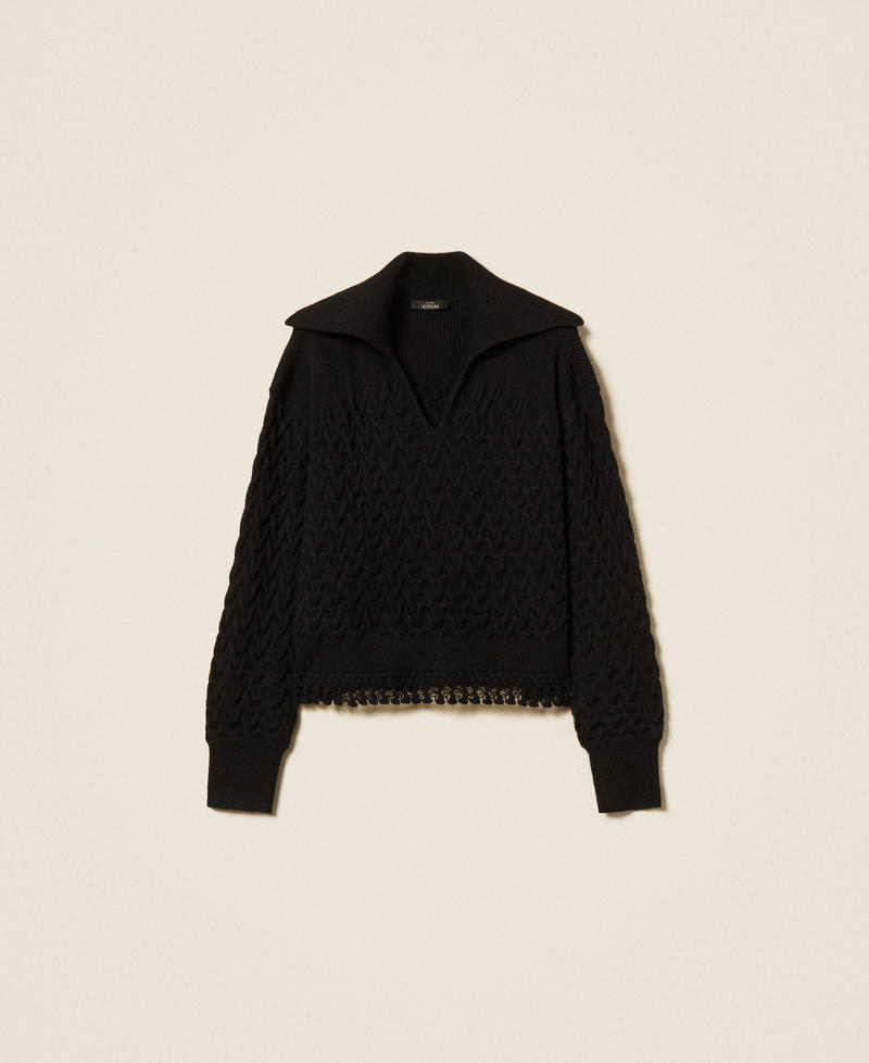 Pullover mit Zopfmuster und H&auml;keldetails Schwarz Frau 262AP3283_00006_S0