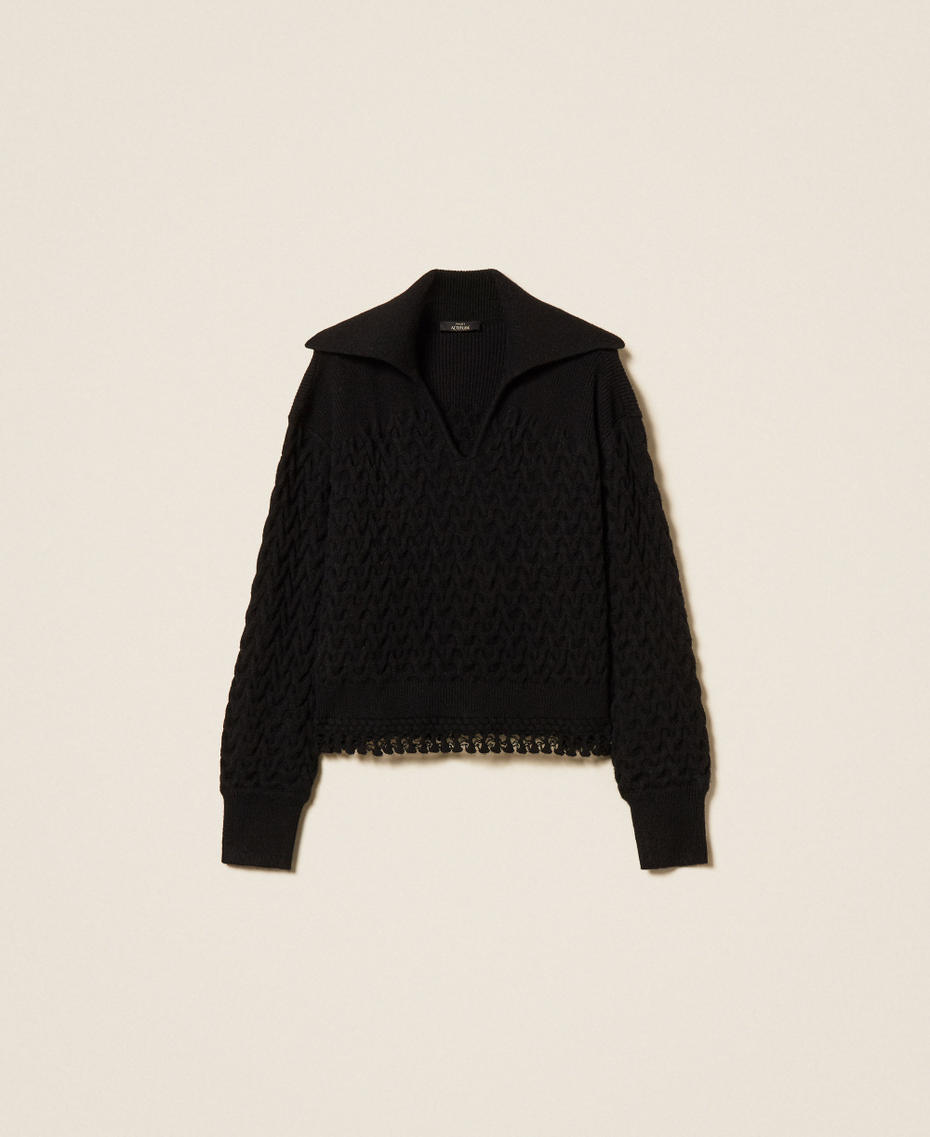 Pullover mit Zopfmuster und H&auml;keldetails Schwarz Frau 262AP3283_00006_S0