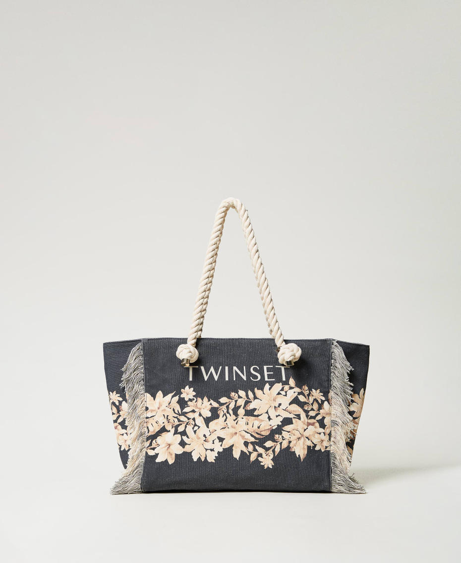 Printed canvas shopper bag Black/Natural Beige Floral Print Woman 251LB7AAA_12195_01