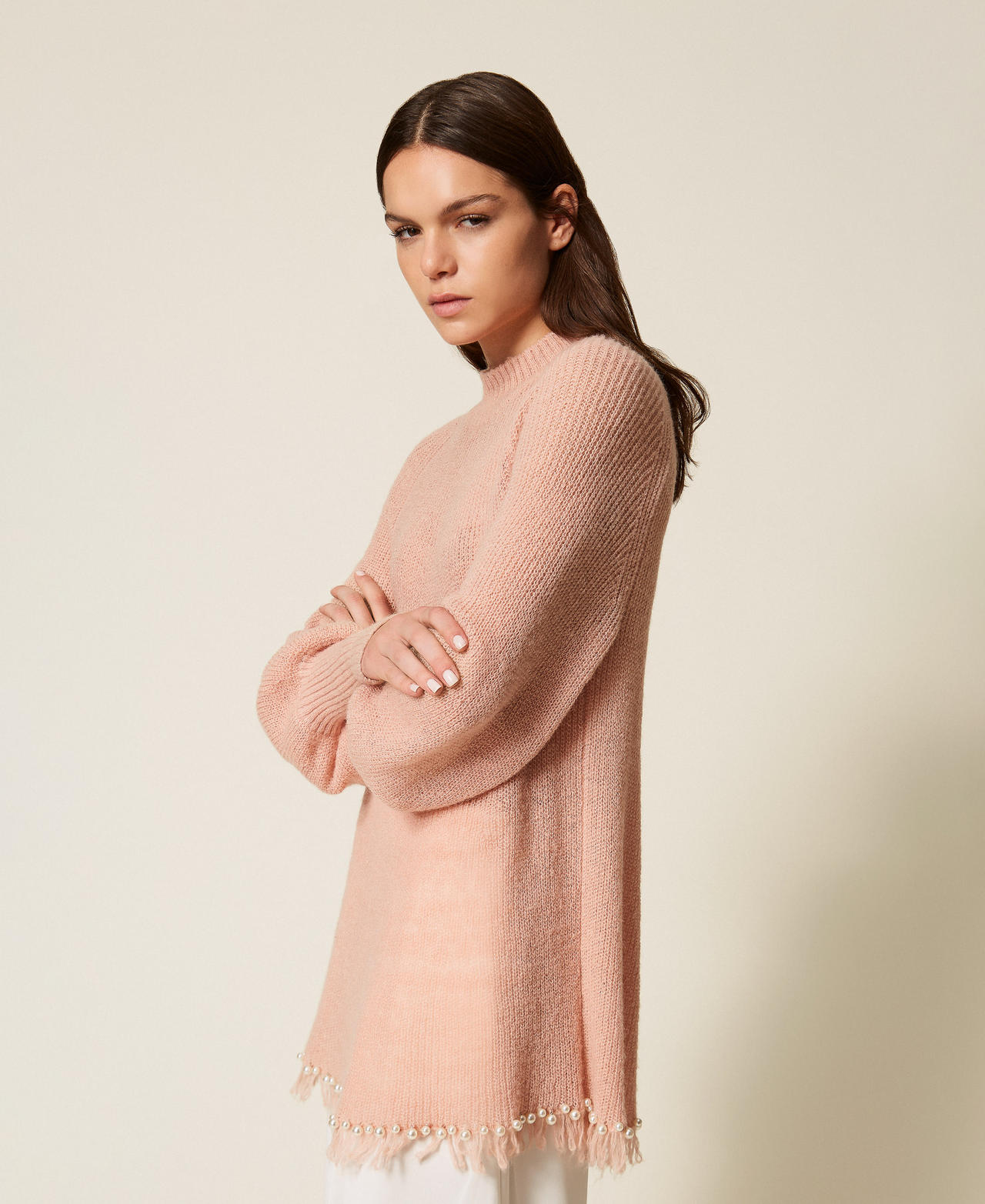 Pull col montant avec franges et perles Rose « Pink Dust » Femme 252LL3CBB_12536_03