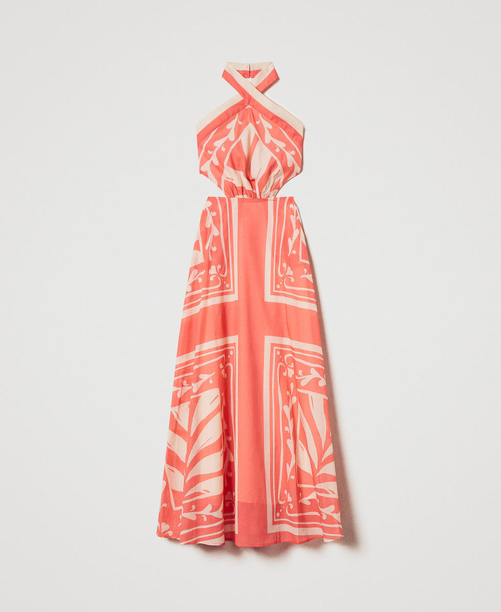 Robe longue en mousseline imprim&eacute;e Imprim&eacute; Foulard Coral Sun/Almond Beige Femme 251LM2BEE_12381_S0
