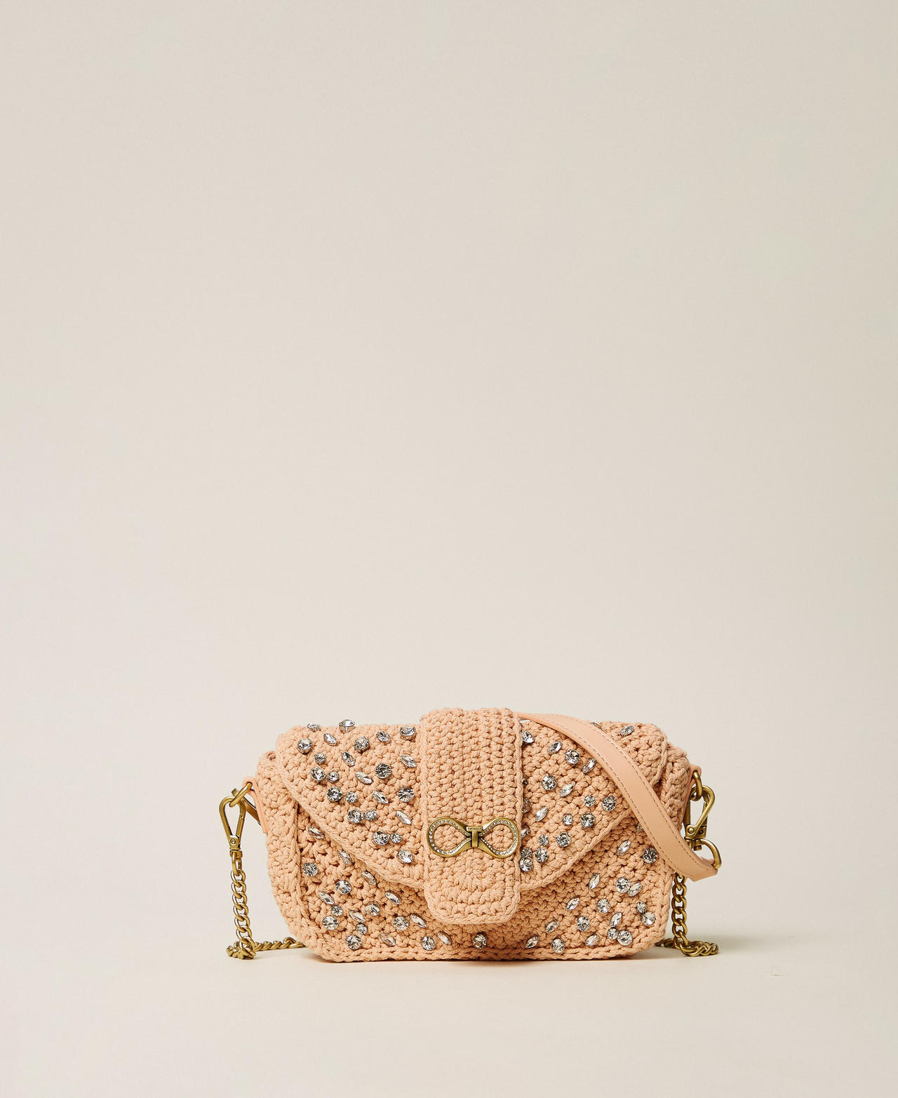 Twinset Women's "Candy Peach" Pink Crochet Shoulder Bag With Rhinestones