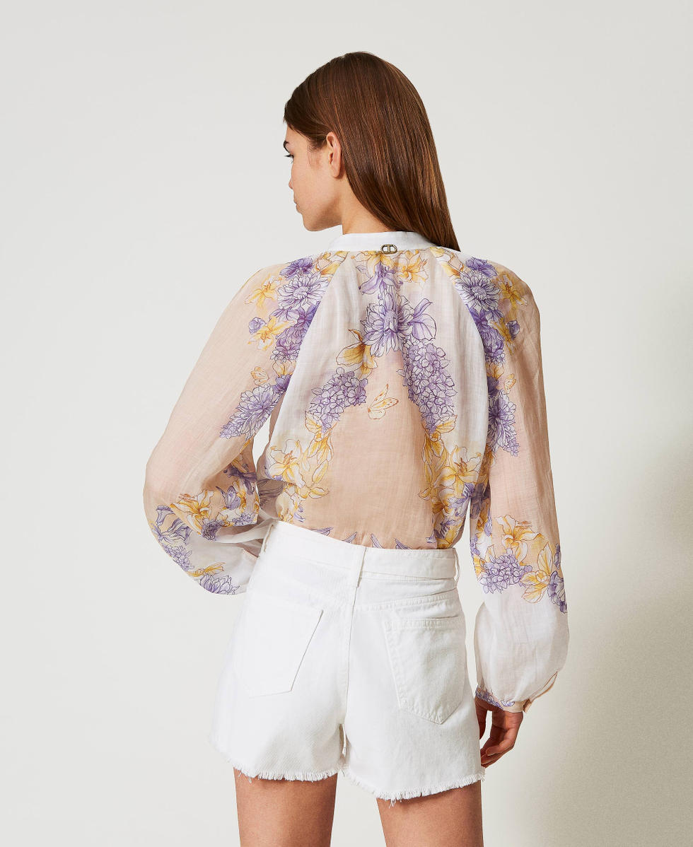 Hemd aus Ramie mit Blumendessin Flowers-Print / Kolibri Cold Lavender / Yellow Frau 251TT2061_12512_03