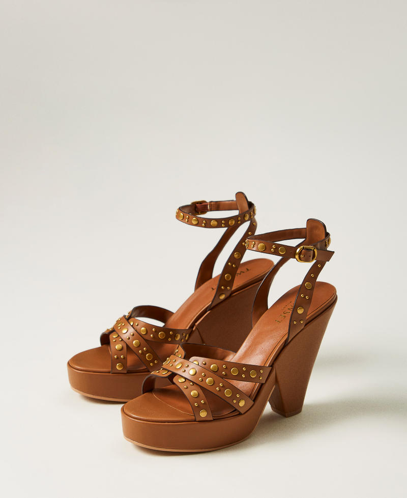Leather platform sandals with studs Leather Brown Woman 251TGT074_00057_02