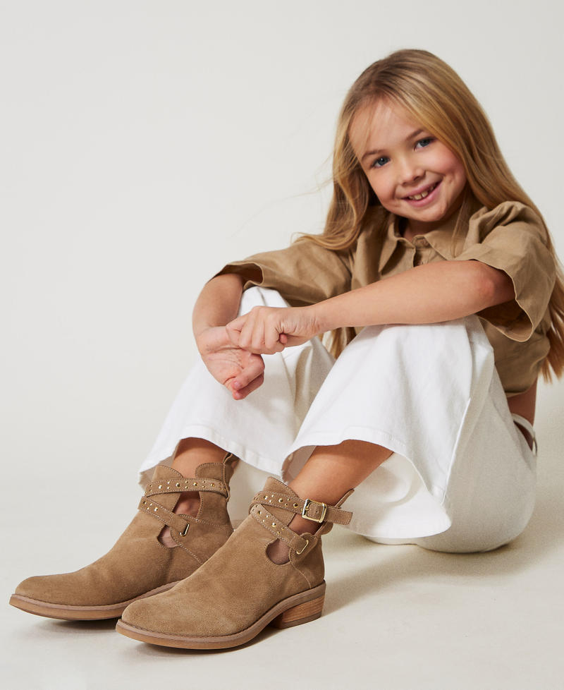 Stivaletti texani in pelle con cinturini Beige Canapa Bambina 251GCJ030_00310_0T