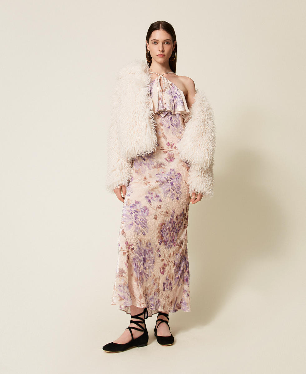 Robe en m&eacute;lange de velours et soie avec fleurs