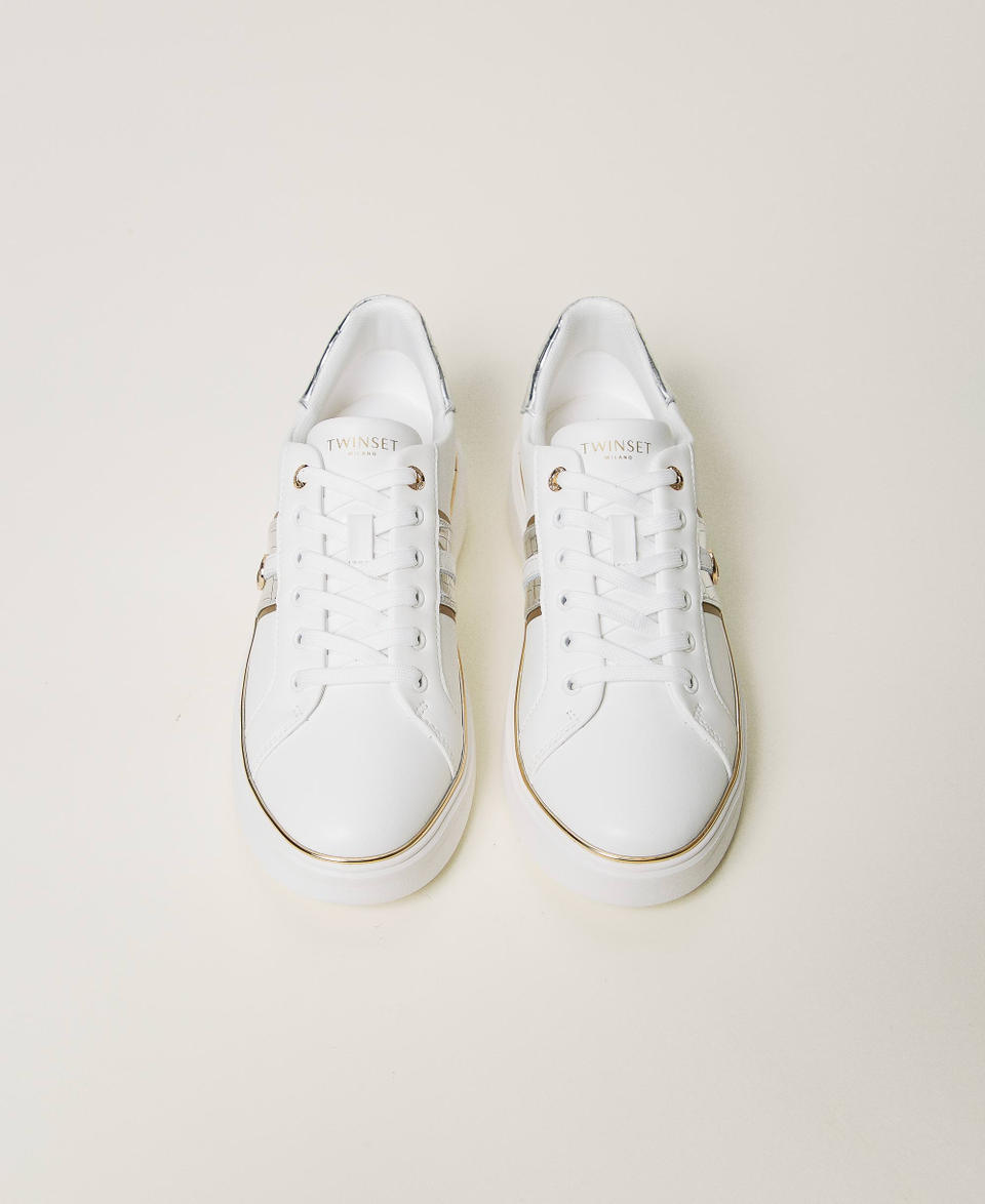 Leather trainers with Oval T Two-tone Optical White / Silver Woman 251TCP01A_07200_04