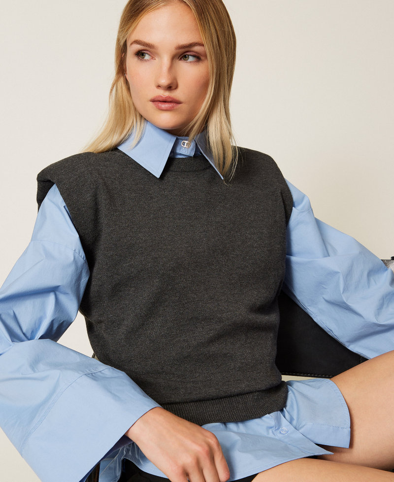 Knit top with wing sleeves Charcoal Grey Melange Woman 252TF3031_12840_PD