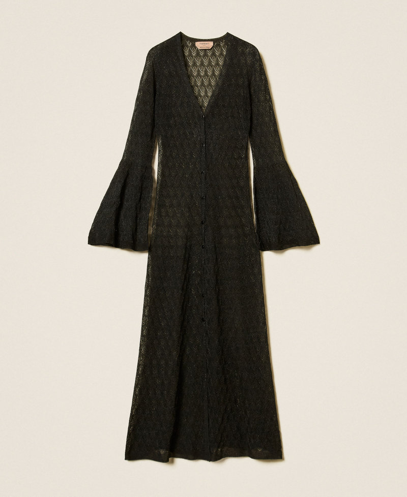 Langer Strick-Cardigan mit ausgestellten &Auml;rmeln Lurex Schwarz Frau 262TP3Q33_13597_S0