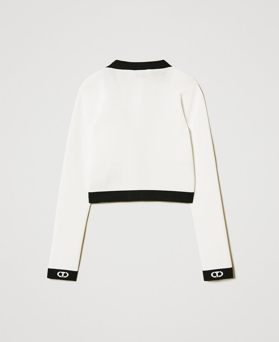 Ribbed cardigan with Oval T jacquard Bicolour "Ice" White / Black Girl 251GJ3QW4_02849_S1