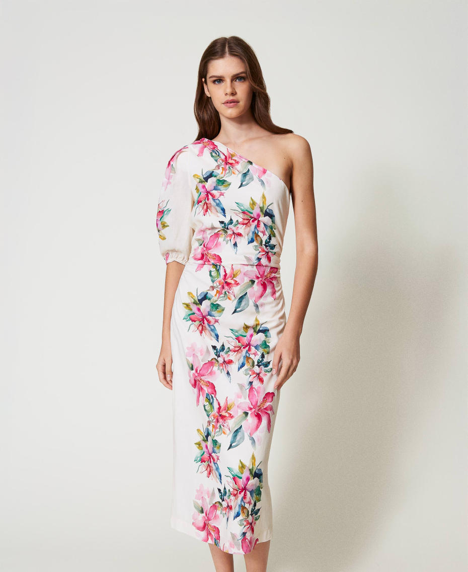 Long linen blend dress with floral print Mother of pearl/Multicolour Stripe Print Woman 251LB2UDD_12198_01