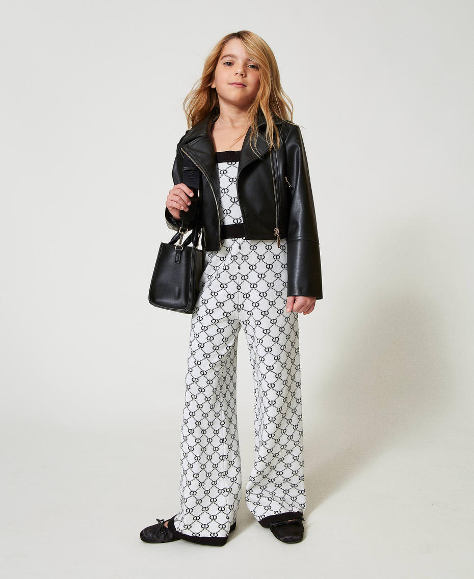 Long knit jumpsuit with jacquard Oval T Bicolour "Ice" White / Black Girl 251GJ3QX3_02849_0T