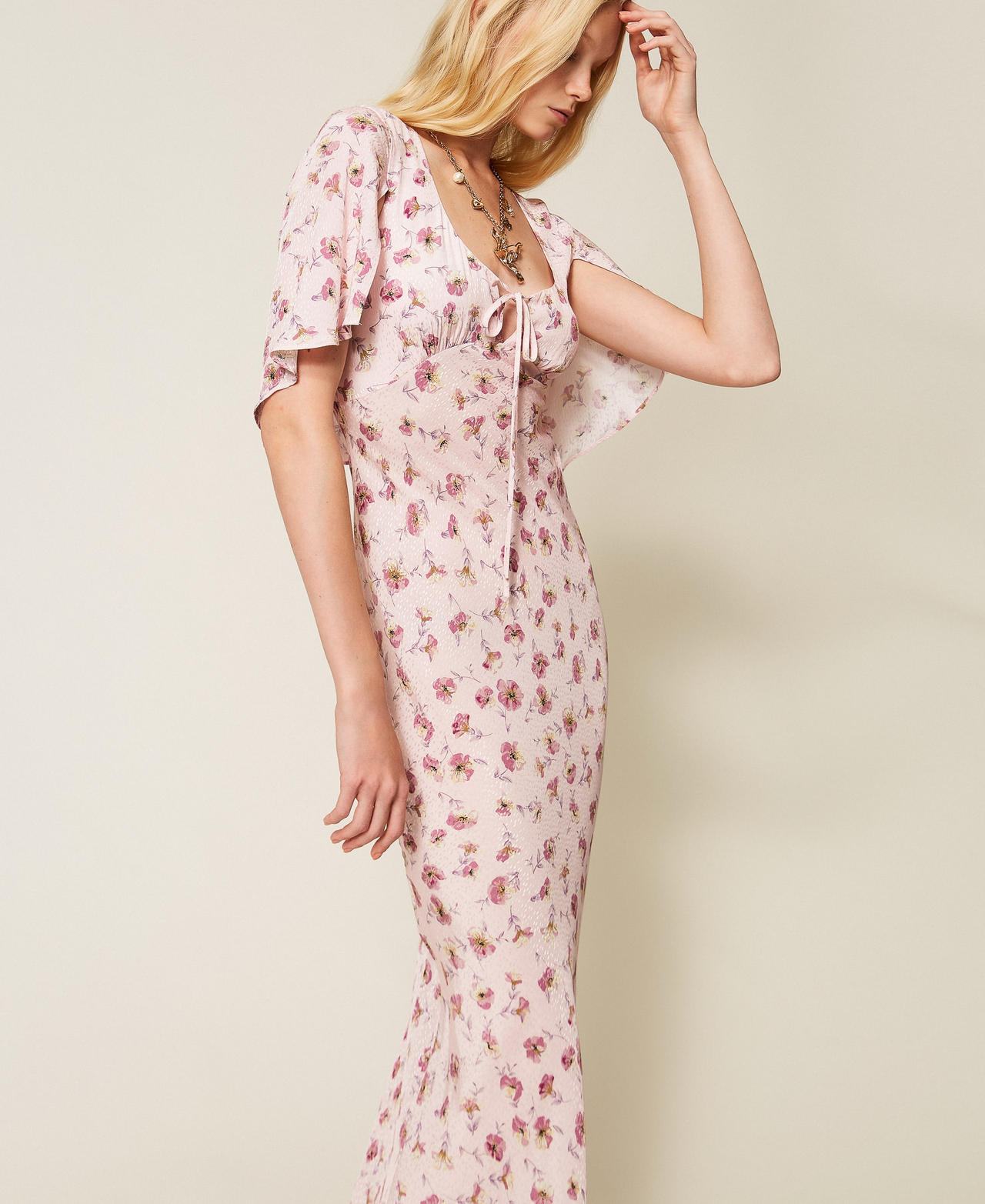 Long floral print dress Peach/Rose Flower Print Woman 261TP210A_13408_PD