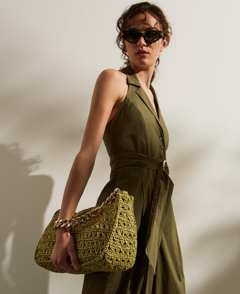 Large crocheted raffia Liliane bag Avocado Oil Green Woman 261TD8080_12117_T0