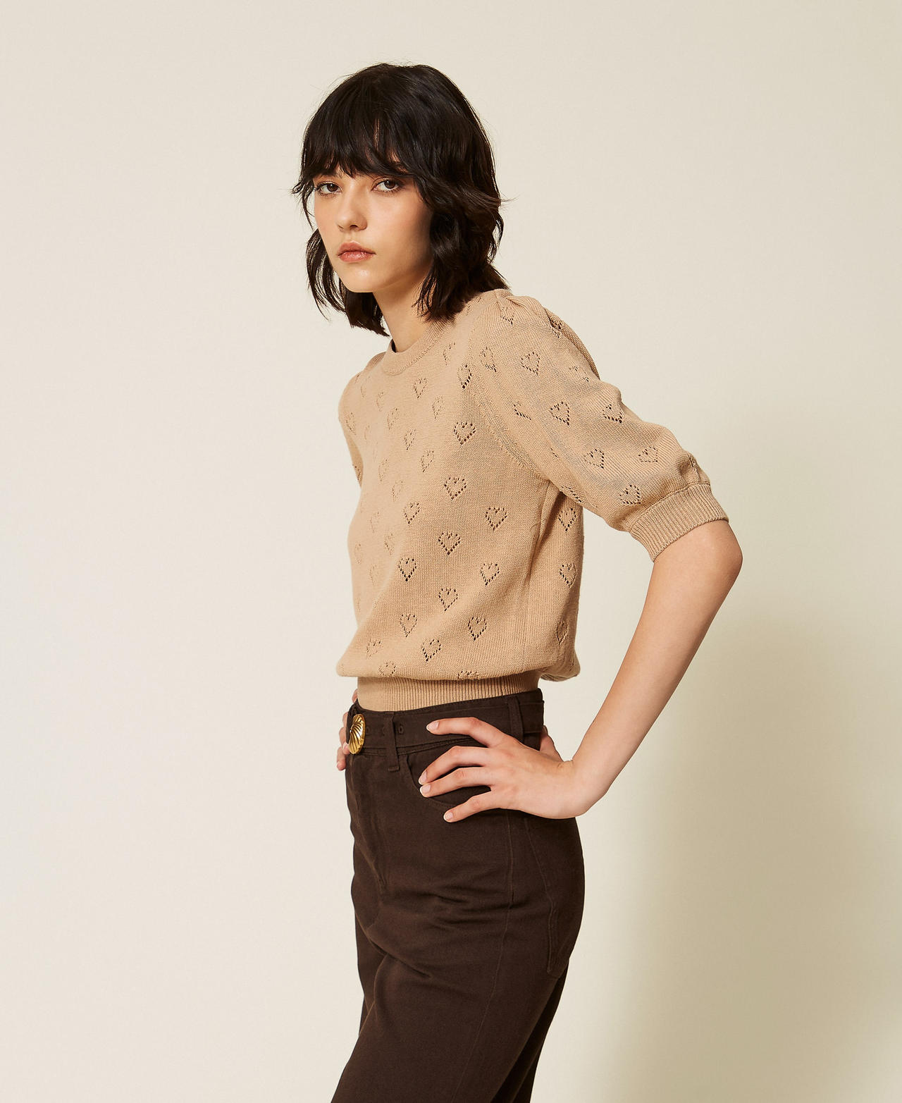 Jumper with heart pattern Light "Tobacco Brown" Woman 262TP3020_13732_02