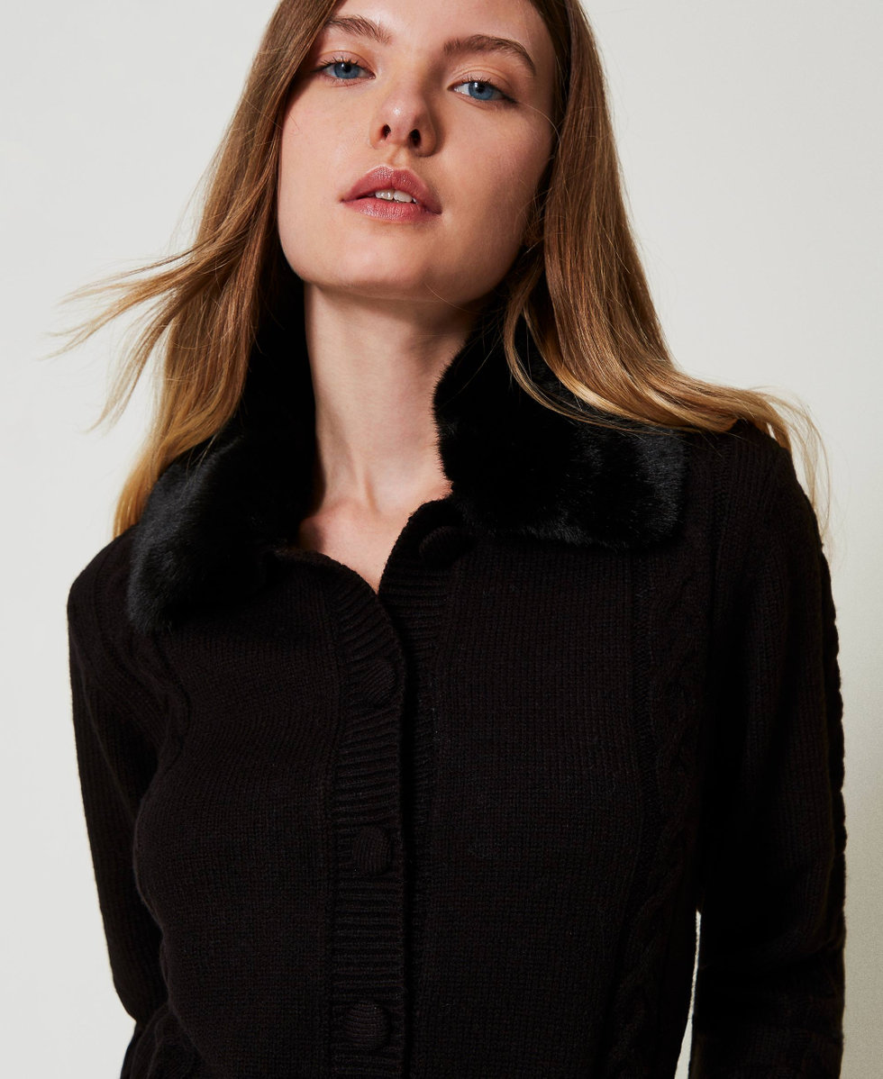 Short cardigan with faux fur collar Woman, Black | TWINSET Milano