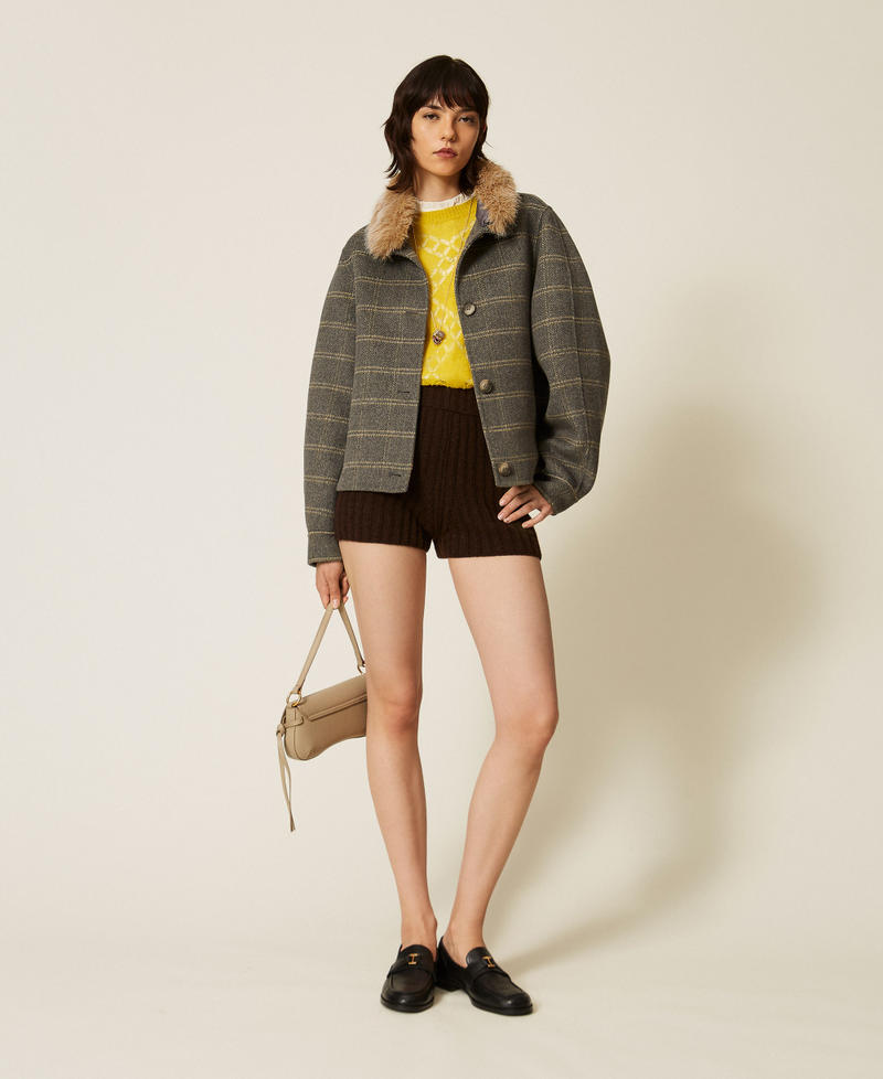 Double check wool caban coat with faux fur Grey Melange/Mustard Check Woman 262TP2221_13841_T0