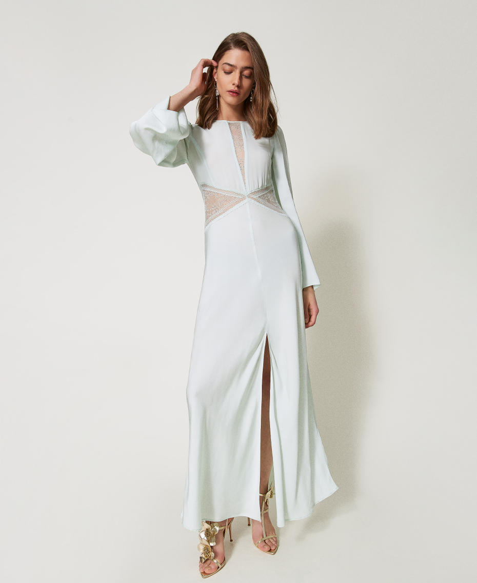Long satin dress with lace Water Green Woman 251TT2111_12371_01