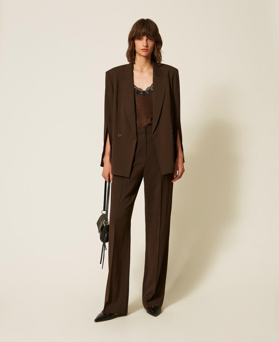 Blazer en serg&eacute; avec fentes Marron Darkness Brown Femme 262TP268A_13411_T0