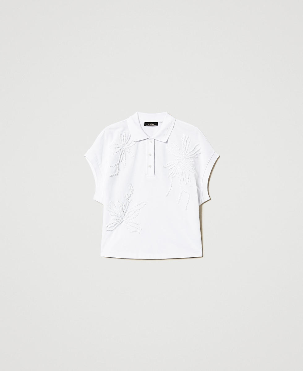 Pique polo T-shirt with embroidery Woman, White | TWINSET Milano Pique polo T-shirt with embroidery Woman, White | TWINSET Milano