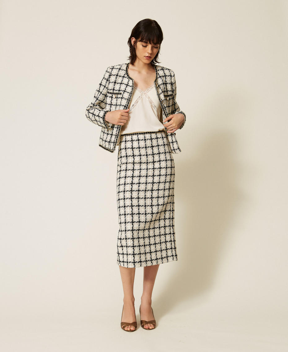 Midi boucl&eacute; skirt with check pattern Grey/Black/Gold Check Boucl&egrave; Woman 262TP2754_13859_T0