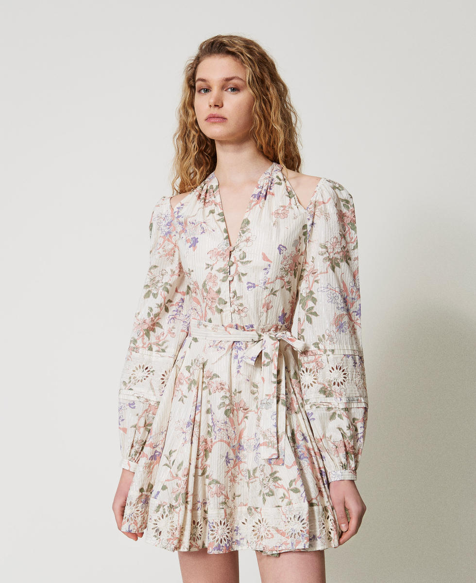 Kurzes Musselinkleid mit Stickereien Multicolor-Blumenprint / Lurex Frau 251TT2154_12494_01