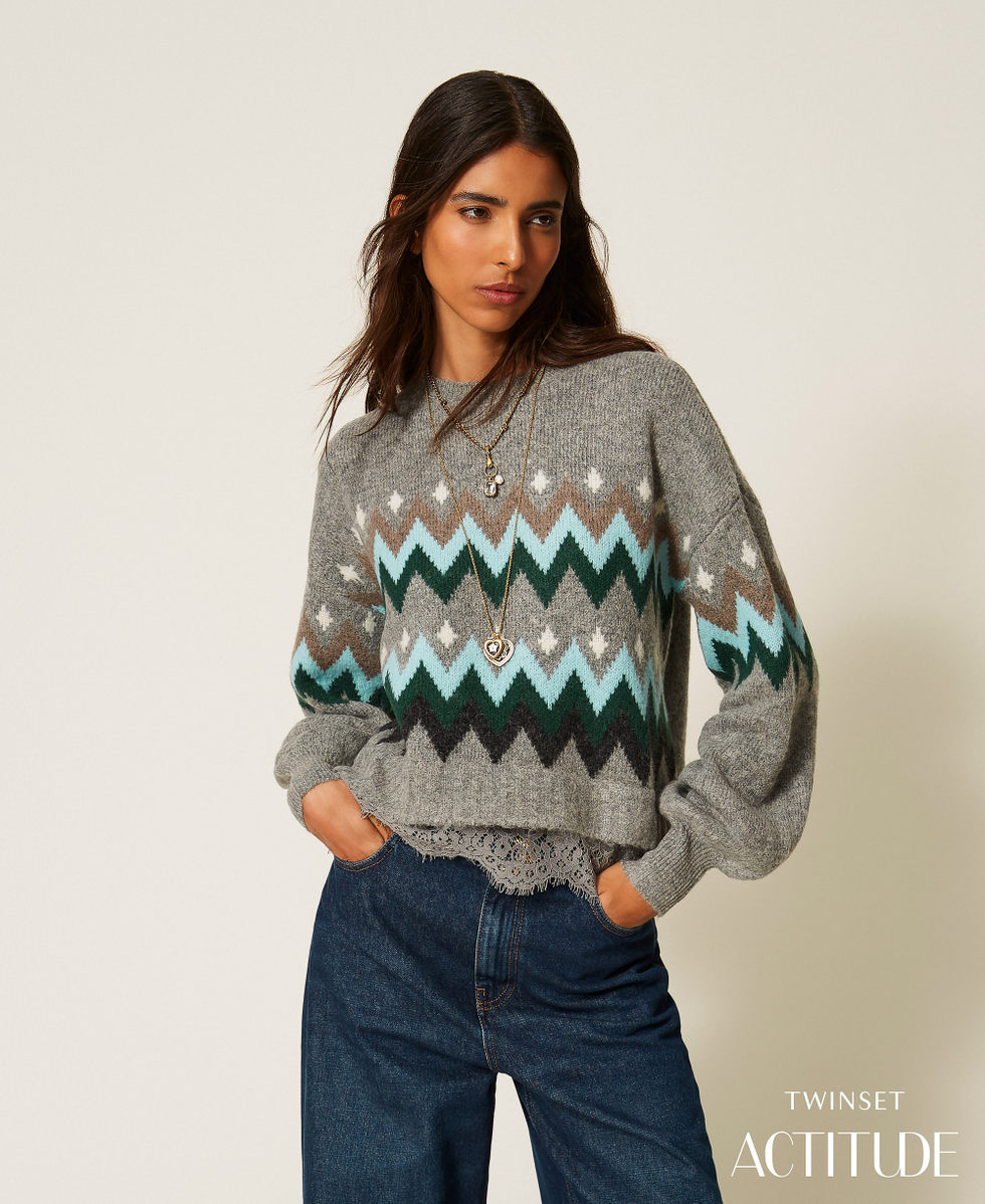 Maglia jacquard con pizzo Jacquard Grigio Medio Melange / Smeraldo Donna 262AT3034_14120_PA