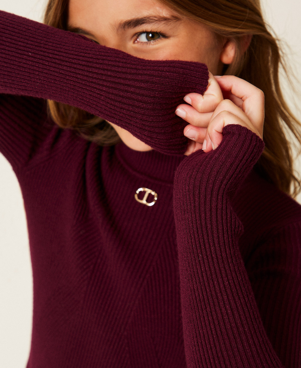 Rib knit turtleneck jumper with Oval T Burgundy Red Girl 252GJ3042_04218_PD