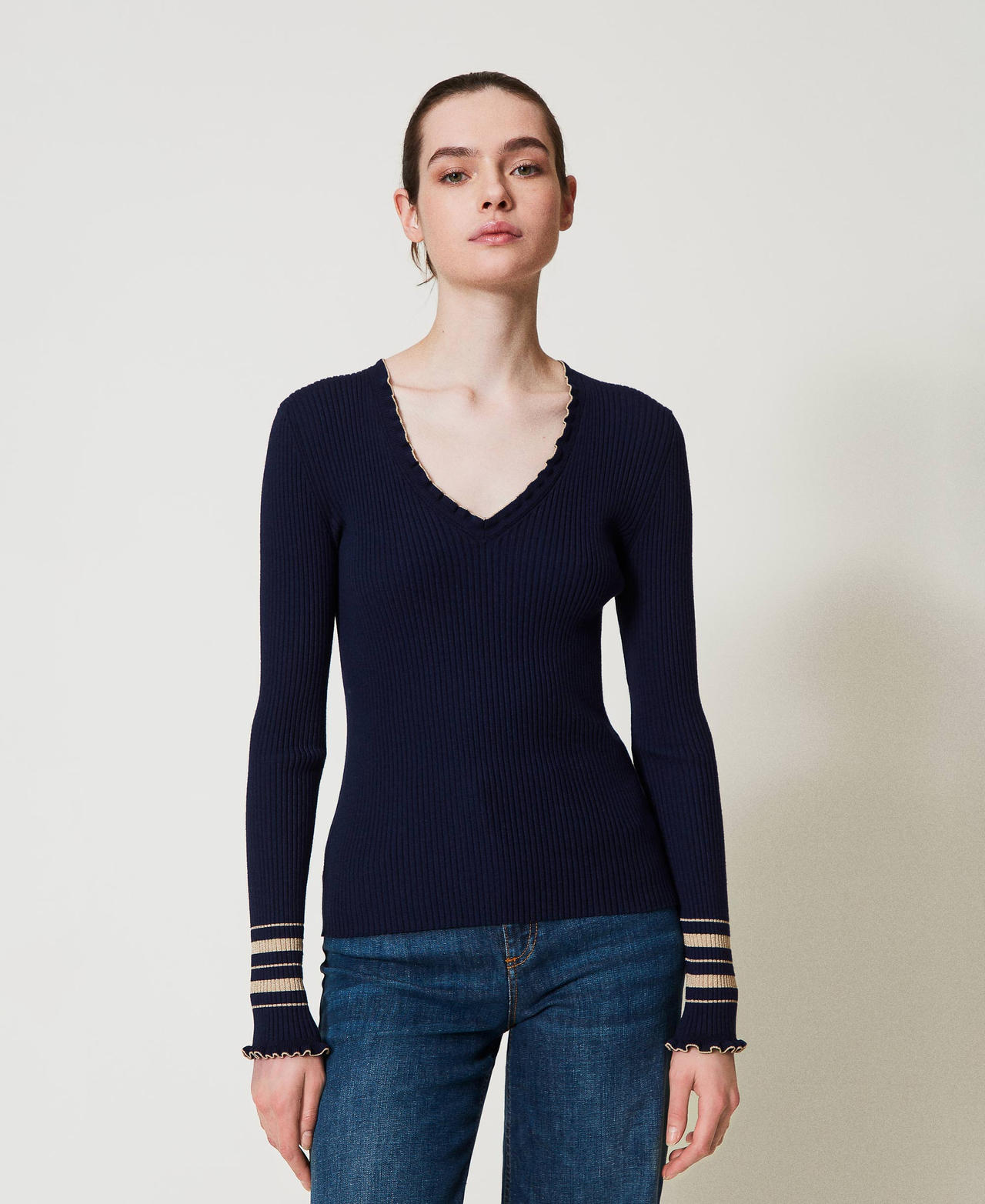 Pull c&ocirc;tel&eacute; avec rayures lurex Bicolore Blue Night/Beige &laquo;&nbsp;Rope&nbsp;&raquo; Lurex Or Femme 251TP3422_12335_01