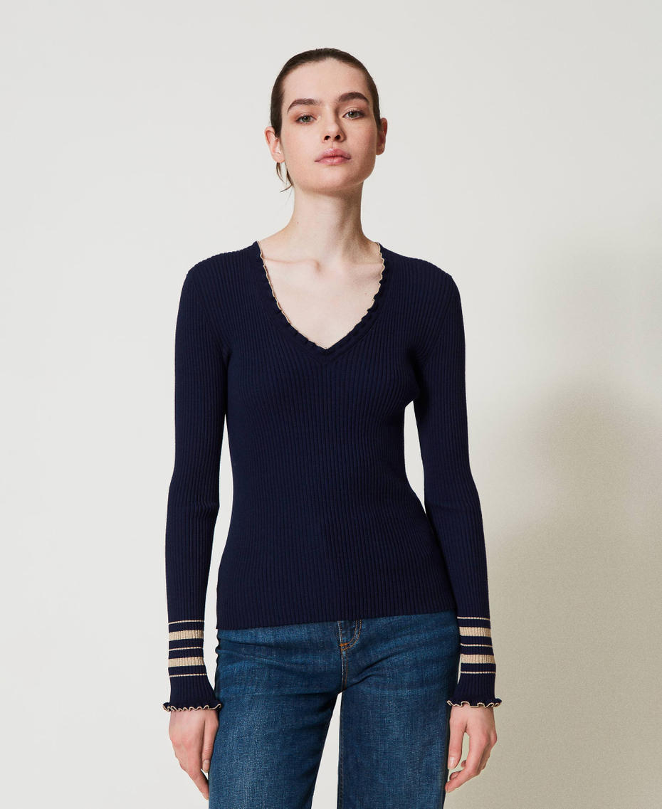 Rib knit jumper with lurex stripes Two-tone Blue Night/Rope Beige Gold Lurex Woman 251TP3422_12335_01